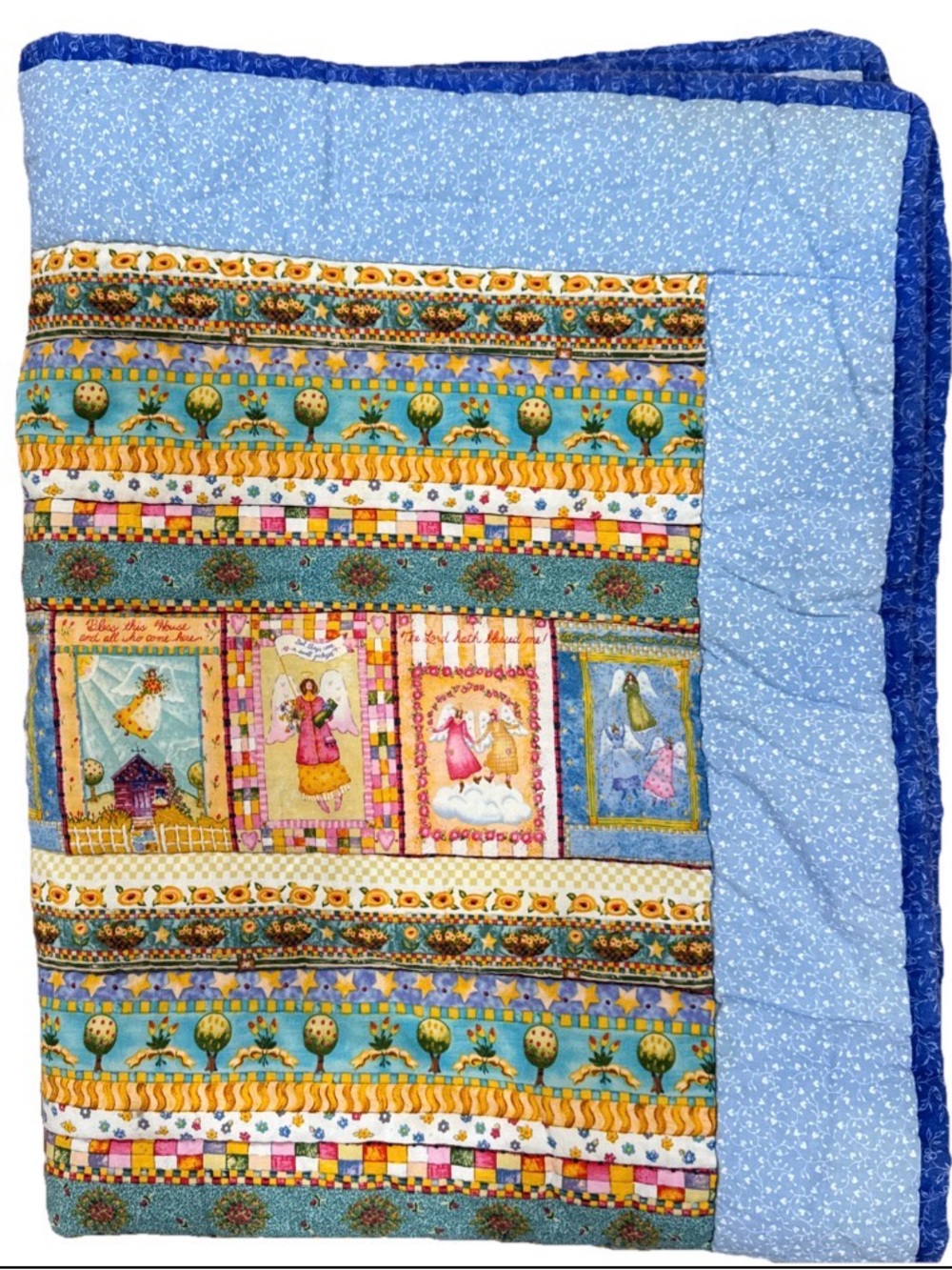 Hand Quilted Angel Baby Quilt Blue Handmade Crib Blanket  With Flannel Back